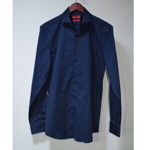 HUGO Hugo Boss Slim Fit Navy Dress Shirt Easy Iron Cotton 16 / 41